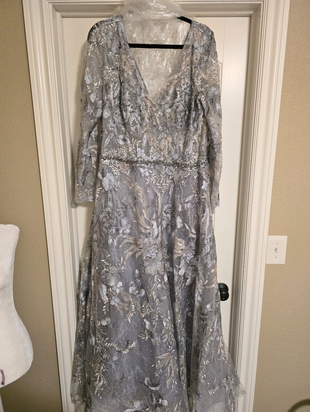 Mac Duggal Silver-Gray Embroidered Long Sleeve Evening Gown